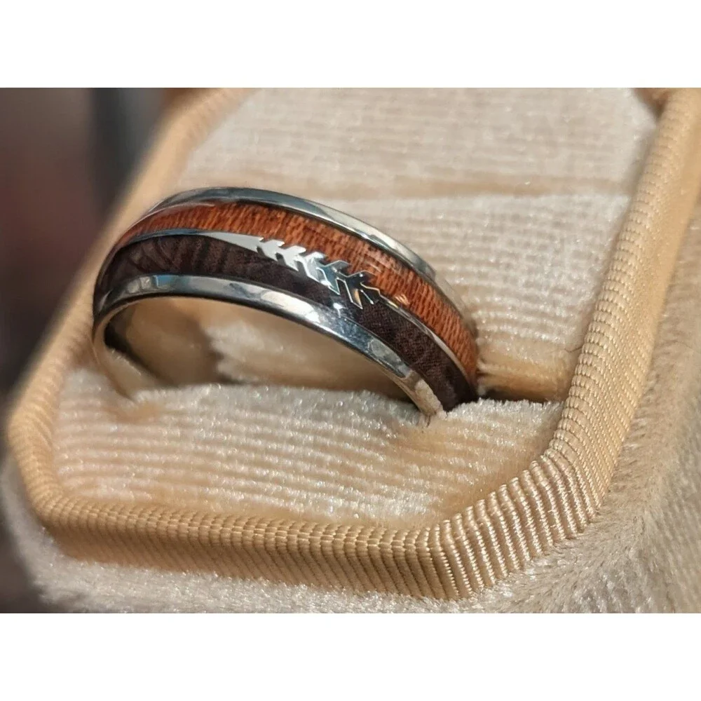 8MM Silver Polished 316L Stainless Steel Dual Koa Inlay Ring Size 10, 11, & 12